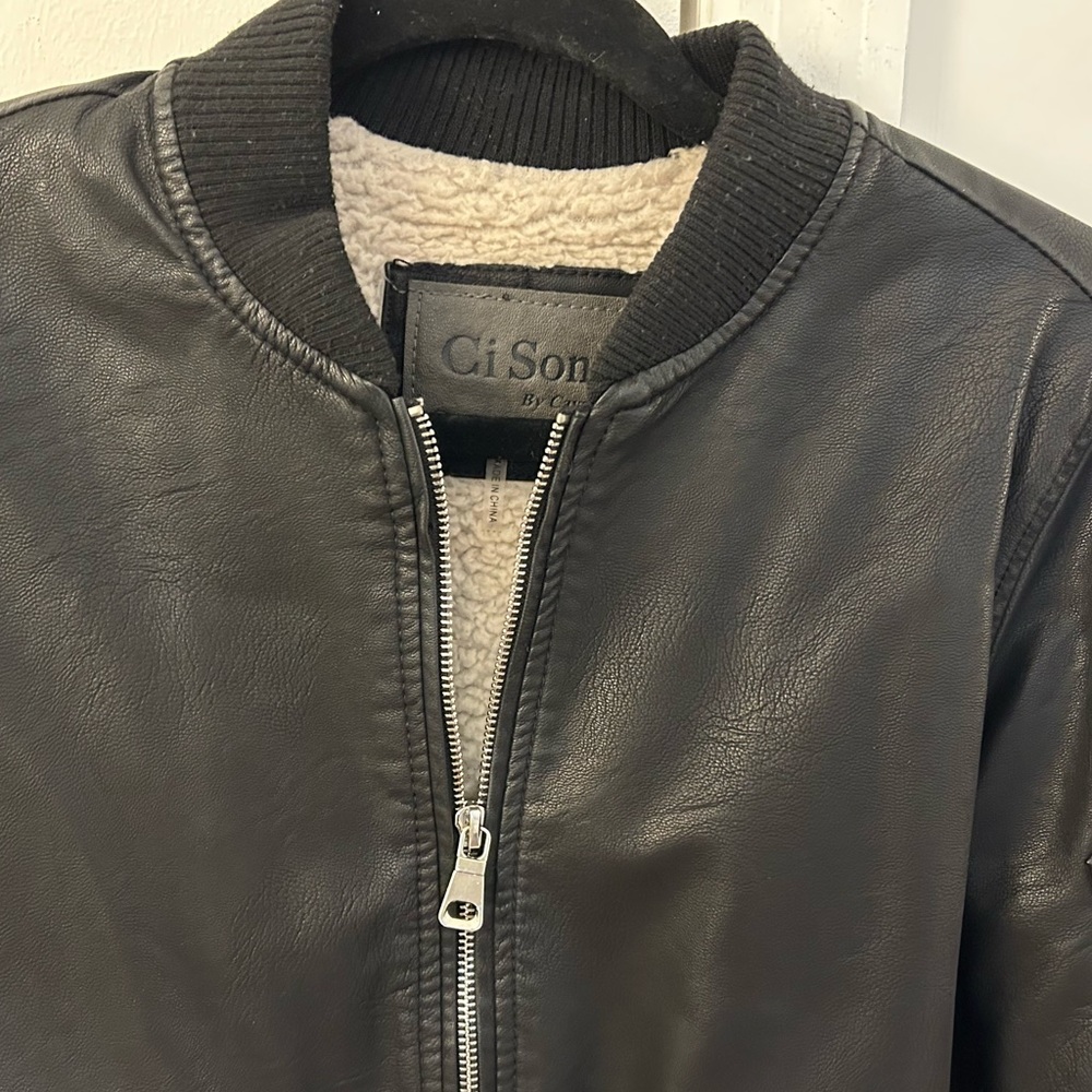 Ci Sono Black Faux Leather Bomber Jacket with Sherling Line; size S - Picture 2 of 5